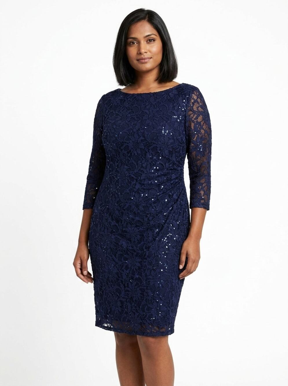 Jessica Howard Navy Blue Sequin Lace Ruched Sheath Dress Women Size 10P